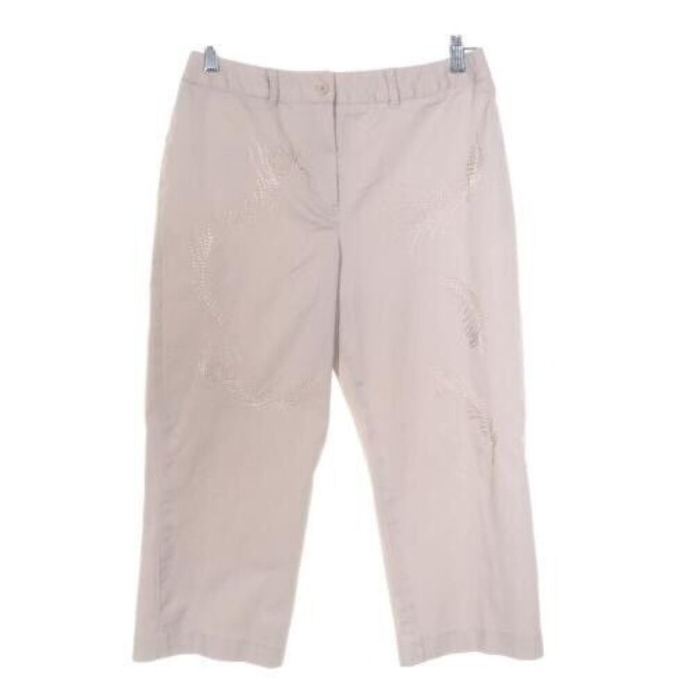 Larry Levine Womens Cropped Pants 8P Tan Khaki Empbroidered Stretchy